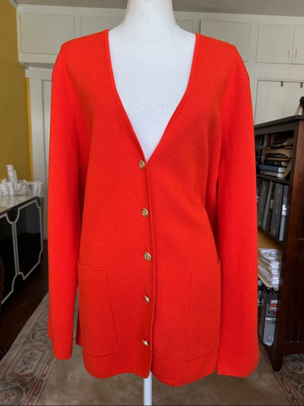 J. Crew Giselle V-Neck Sweater-Blazer in Orange, Gold Buttons Cardigan XL